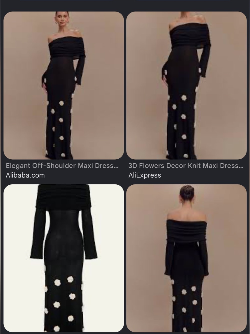 Off-Shoulder Black Maxi Dress with White 3D Flower Appliqués